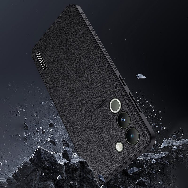 For vivo Y200 (India) 5G Cell Phone Case Wood Grain PU+PC+TPU Drop Resistant Cover - Black For vivo Y200 (India) 5G Cell Phone Case Wood Grain PU+PC+TPU Drop Resistant Cover - Black